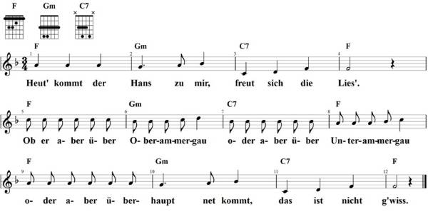Heut kommt der Hans zu mir, Noten mit Liedtext und Gitarrenakkorden (F)