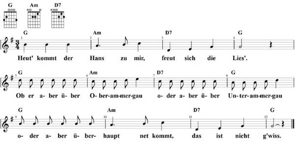 Heut kommt der Hans zu mir, Noten mit Liedtext und Gitarrenakkorden (G)