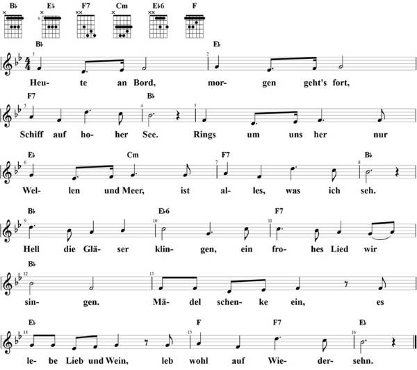 Heute an Bord, Noten mit Liedtext und Gitarrenakkorden (Bb)