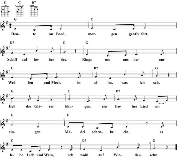 Heute an Bord, Noten mit Liedtext und Gitarrenakkorden (G)