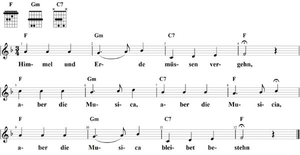 Himmel und Erde müssen vergehn, Noten mit Liedtext und Gitarrenakkorden F-Dur