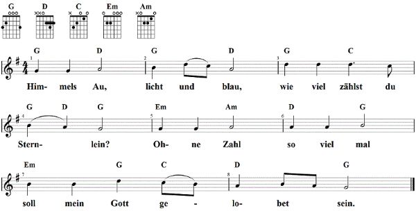 Himmels Au, licht und blau, Noten mit Liedtext und Gitarrenakkorden G-Dur