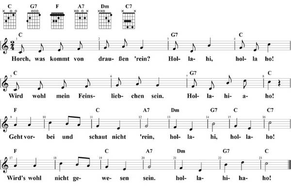 Horch was kommt von draußen 'rein, Noten mit Liedtext und Gitarrenakkorden (C)