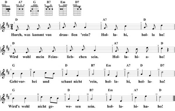 Horch was kommt von draußen 'rein, Noten mit Liedtext und Gitarrenakkorden (D)