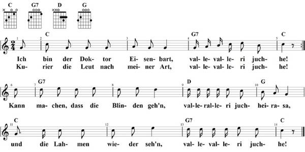 Ich bin der Doktor Eisenbart, Noten mit Liedtext und Gitarrenakkorden (C)