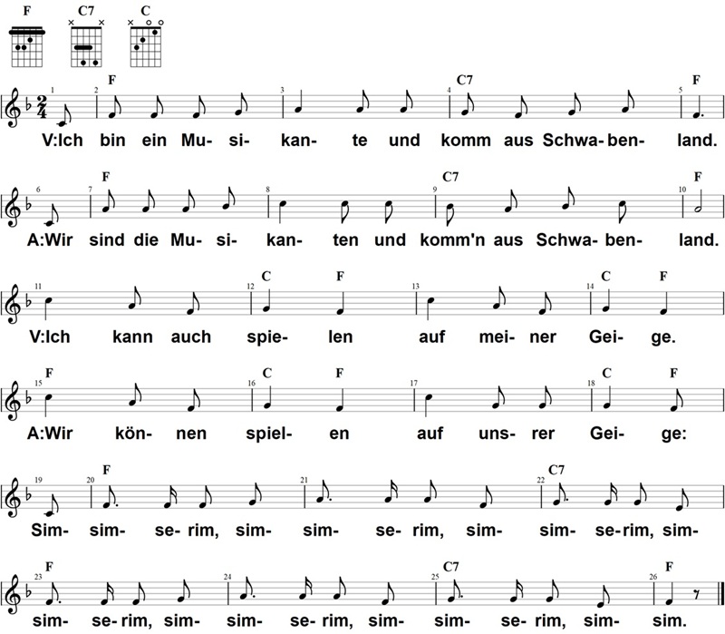 Ich bin ein Musikante, Noten mit Liedtext und Gitarrenakkorden F-Dur