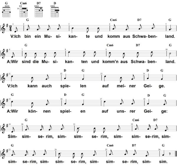 Ich bin ein Musikante, Noten mit Liedtext und Gitarrenakkorden G-Dur