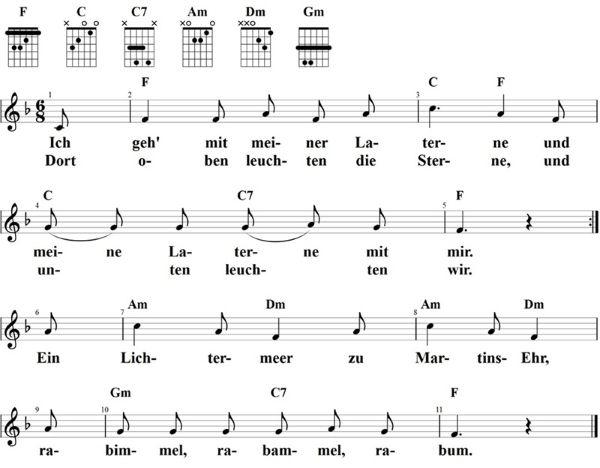 Ich geh mit meiner Laterne, Noten mit Liedtext und Gitarrenakkorden F-Dur