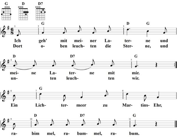 Ich geh mit meiner Laterne, Noten mit Liedtext und Gitarrenakkorden G-Dur
