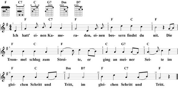 Ich hatt einen Kameraden, Noten mit Liedtext und Gitarrenakkorden (F)