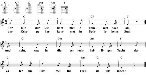 Ihr Kinderlein kommet, Noten mit Liedtext und Gitarrenakkorden (C)