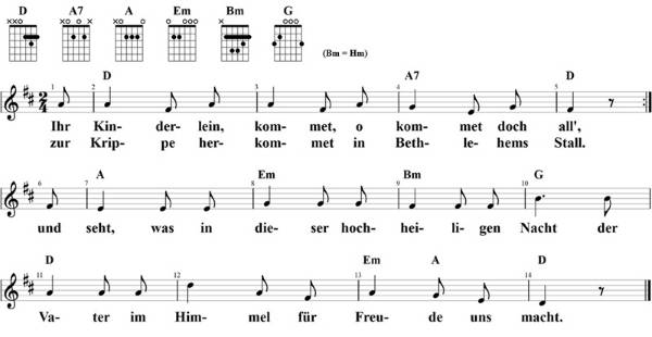 Ihr Kinderlein kommet, Noten mit Liedtext und Gitarrenakkorden (D)