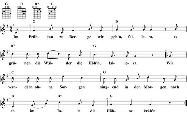 Im Frühtau zu Berge, Noten mit Liedtext und Gitarrenakkorden (G)