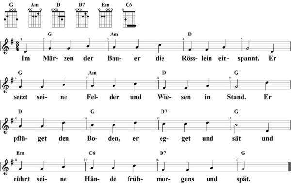 Im Märzen der Bauer, Noten mit Liedtext und Gitarrenakkorden (G)