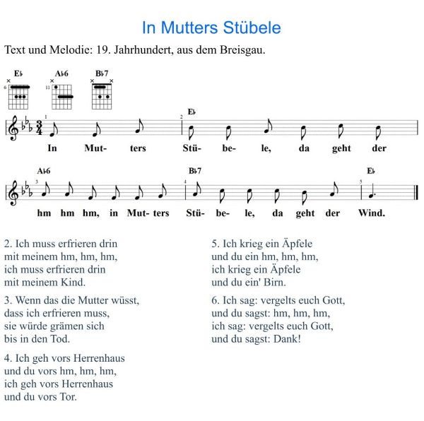 In Mutters Stübele, Noten mit Liedtext und Gitarrenakkorden Es-Dur