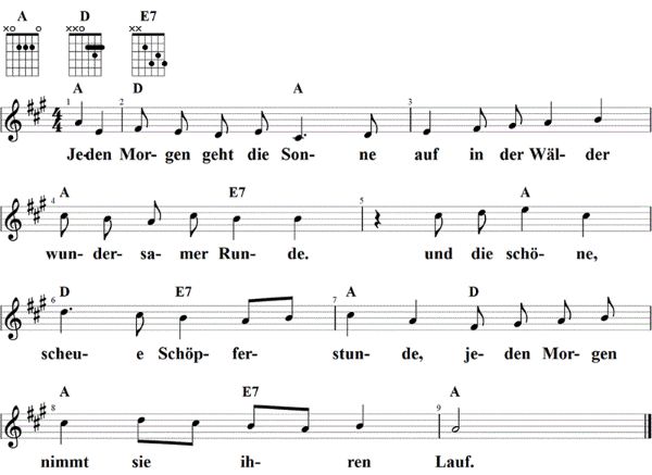 Jeden Morgen geht die Sonne auf, Noten mit Liedtext und Gitarrenakkorden A-Dur
