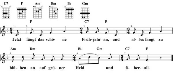 Jetzt fängt das schöne Frühjahr an, Noten mit Liedtext und Gitarrenakkorden (F)