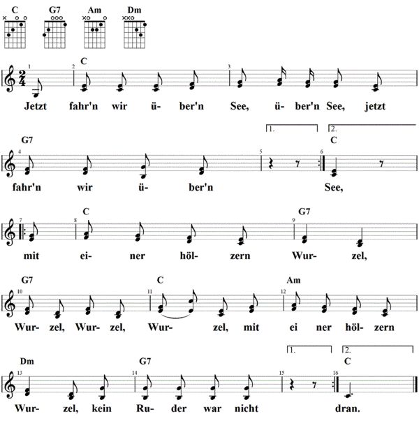 Jetzt fahrn wir über'n See, Noten mit Liedtext und Gitarrenakkorden C-Dur