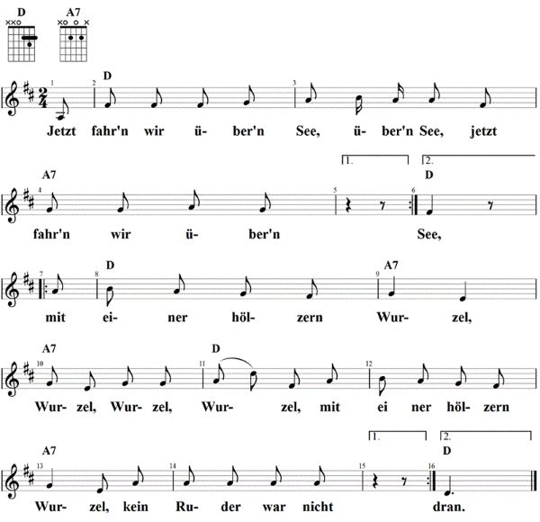 Jetzt fahrn wir über'n See, Noten mit Liedtext und Gitarrenakkorden D-Dur