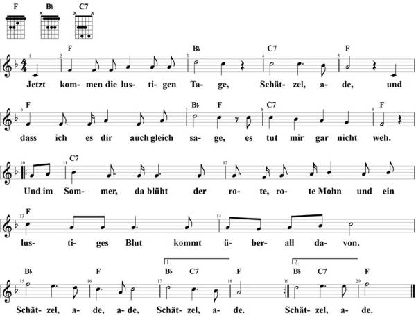 Jetzt kommen die lustigen Tage, Noten mit Liedtext und Gitarrenakkorden (F)