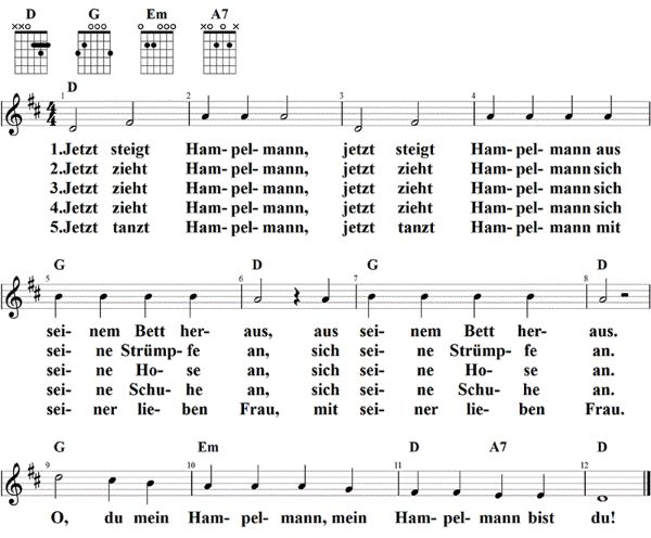 Jetzt steigt Hampelmann, Noten mit Liedtext und Gitarrenakkorden D-Dur