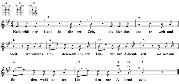 Kein schöner Land, Noten mit Liedtext und Gitarrenakkorden (A)