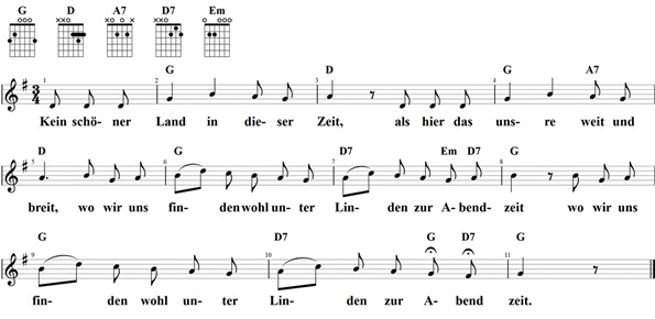 Kein schöner Land, Noten mit Liedtext und Gitarrenakkorden (G)