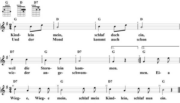 Kindlein mein, schlaf doch ein, Noten mit Liedtext und Gitarrenakkorden (G)