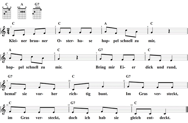 Kleiner brauner Osterhase, Noten mit Liedtext und Gitarrenakkorden (C)