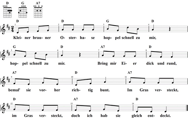 Kleiner brauner Osterhase, Noten mit Liedtext und Gitarrenakkorden (D)