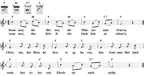 Kommet, ihr Hirten, Noten mit Liedtext und Gitarrenakkorden F-Dur
