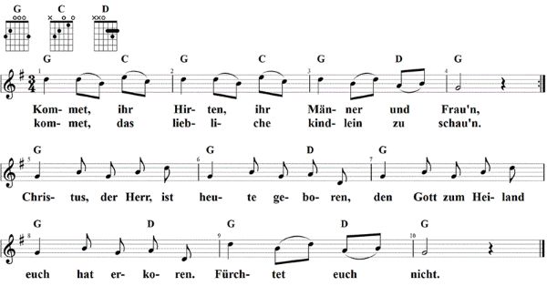 Kommet, ihr Hirten, Noten mit Liedtext und Gitarrenakkorden G-Dur