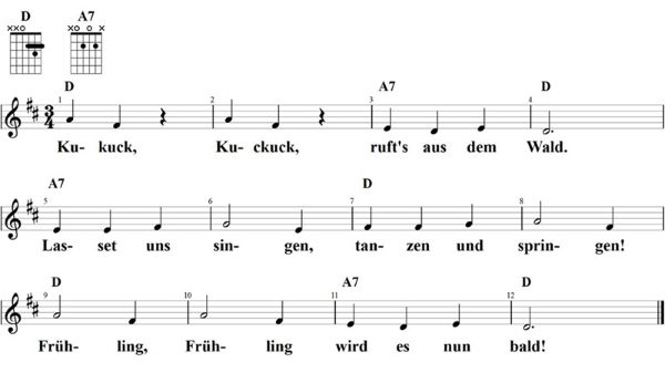 Kuckuck, Kuckuck, ruft's aus dem Wald, Noten mit Liedtext und Gitarrenakkorden D-Dur