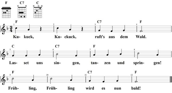 Kuckuck, Kuckuck, ruft's aus dem Wald, Noten mit Liedtext und Gitarrenakkorden F-Dur