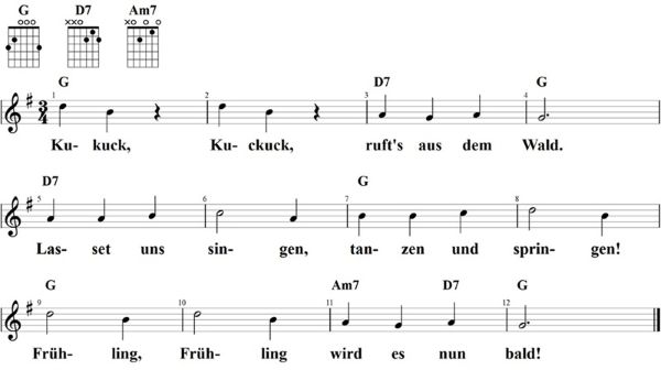 Kuckuck, Kuckuck, ruft's aus dem Wald, Noten mit Liedtext und Gitarrenakkorden G-Dur