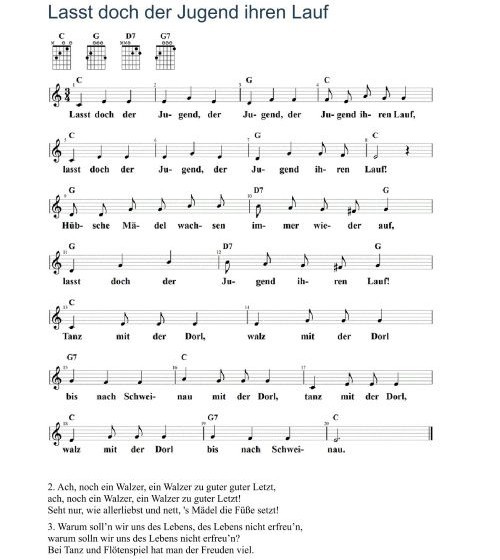 Lasst doch der Jugend ihren Lauf, Noten mit Liedtext und Gitarrenakkorden C-Dur