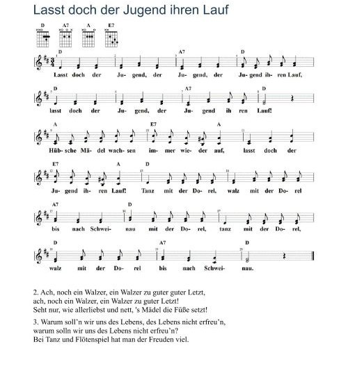 Lasst doch der Jugend ihren Lauf, Noten mit Liedtext und Gitarrenakkorden D-Dur