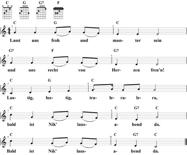 Lasst uns froh und munter sein, Noten mit Liedtext und Gitarrenakkorden (C)