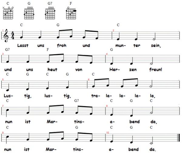 Lasst uns froh und munter sein (Martinsabend), Noten und Gitarrenakkorde
