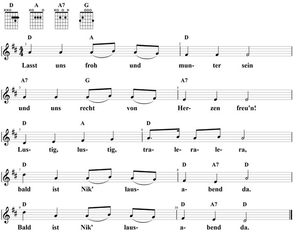 Lasst uns froh und munter sein, Noten und Gitarrenakkorde