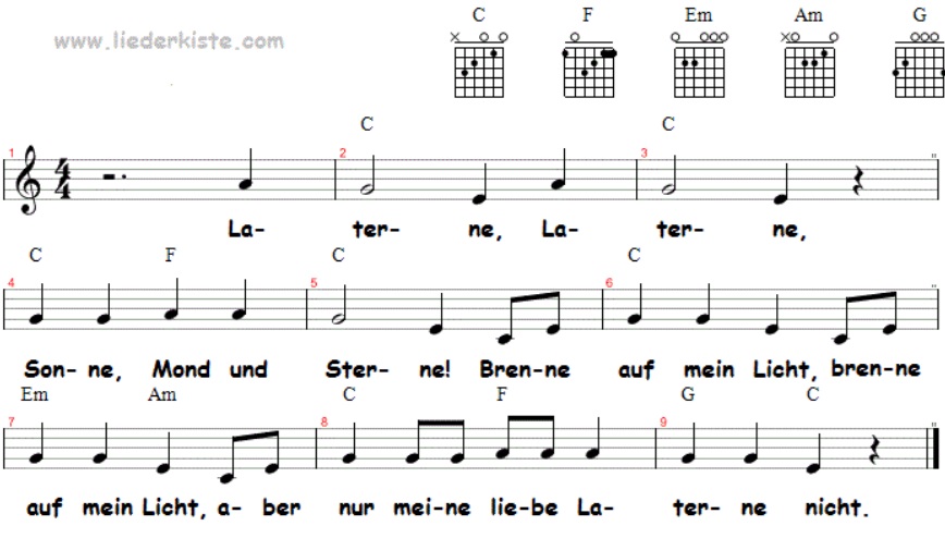 Laterne, Laterne, Sonne, Mond und Sterne, Noten und Gitarrenakkorde