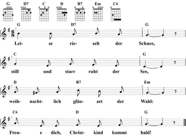 Leise rieselt der Schnee, Noten mit Liedtext und Gitarrenakkorden G-Dur