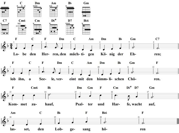 Lobe den Herren, den mächtigen König, Noten mit Liedtext und Gitarrenakkorden F-Dur