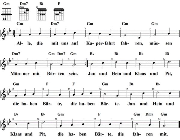 Männer mit Bärten, Noten mit Liedtext und Gitarrenakkorden G-Moll
