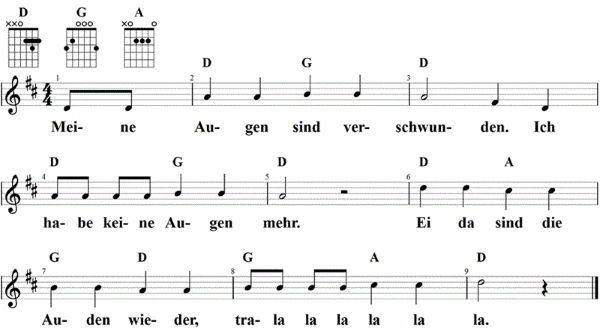 Meine Augen sind verschwunden, Noten mit Liedtext und Gitarrenakkorden D-Dur