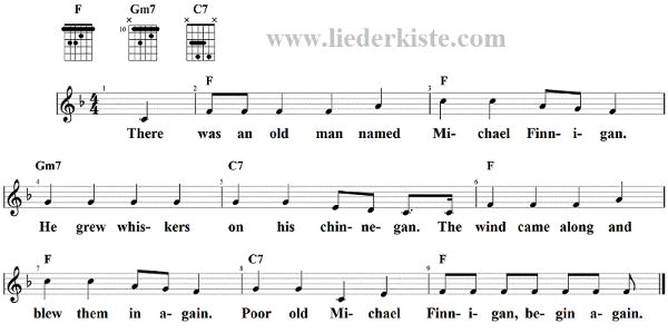 Michael Finnigan, Noten mit Liedtext und Gitarrenakkorden F-Dur
