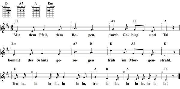 Mit dem Pfeil, dem Bogen, Noten mit Liedtext und Gitarrenakkorden D-Dur