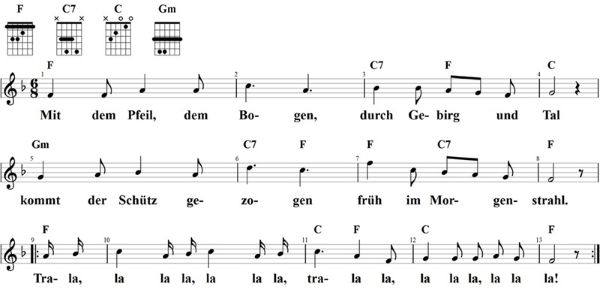 Mit dem Pfeil, dem Bogen, Noten mit Liedtext und Gitarrenakkorden F-Dur