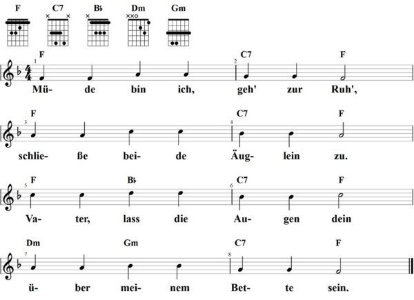 Müde bin ich, geh zur Ruh, Noten mit Liedtext und Gitarrenakkorden F-Dur