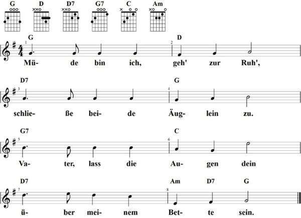 Müde bin ich, geh zur Ruh, Noten mit Liedtext und Gitarrenakkorden G-Dur